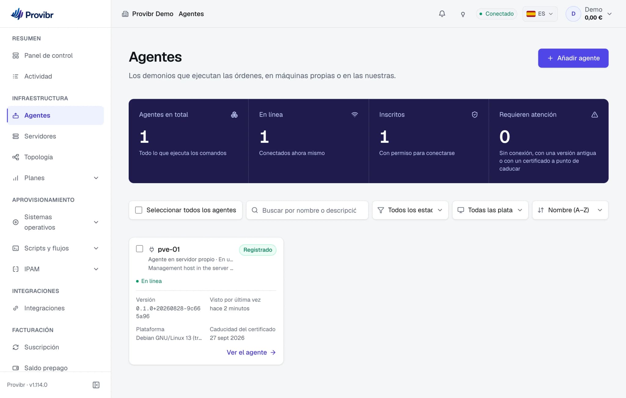 La pantalla de agentes: total de agentes, en línea, inscritos y que requieren atención.