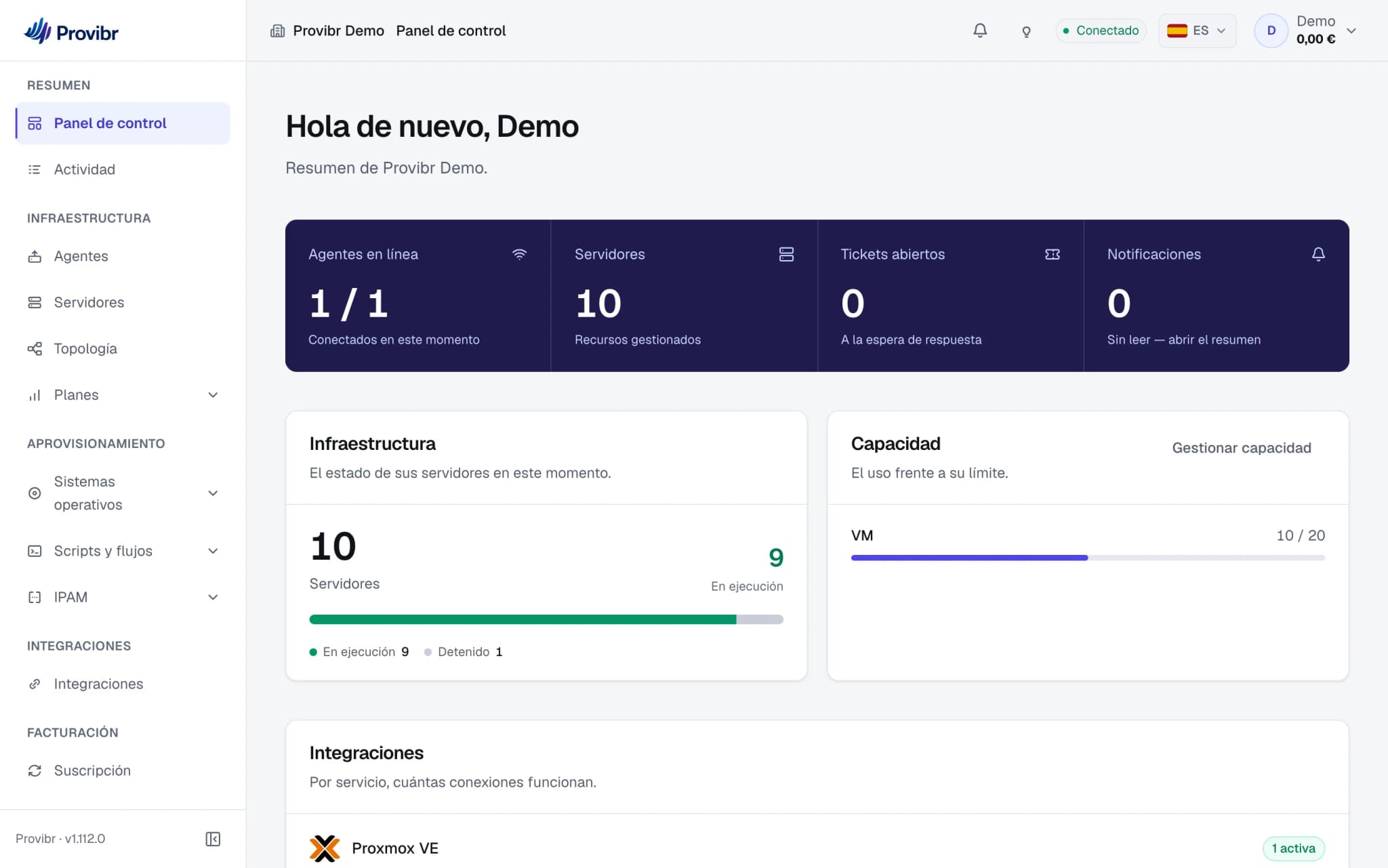 El panel de Provibr: agentes en línea, servidores gestionados, máquinas en marcha y el registro de actividad.