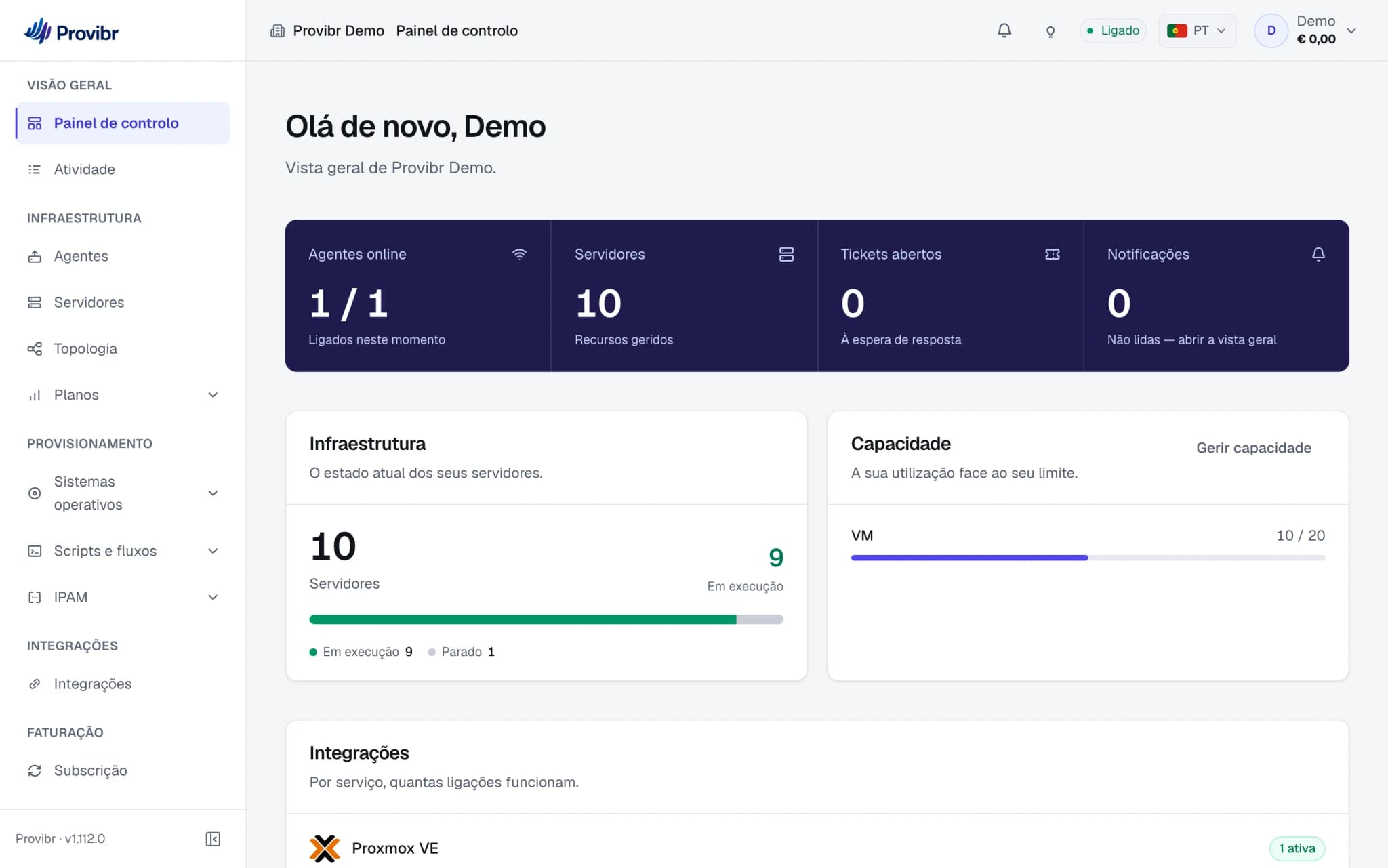 O painel Provibr: agentes online, servidores geridos, máquinas em execução e o registo de atividade.