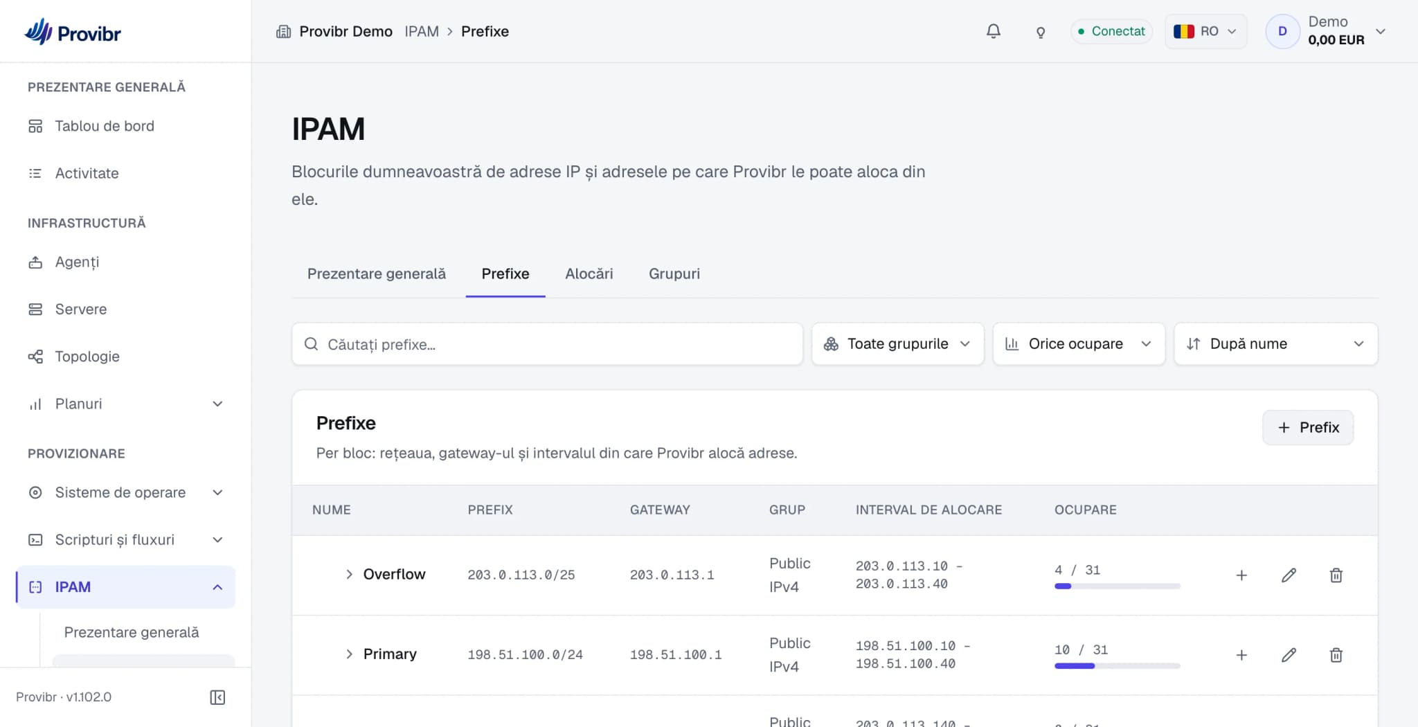 Ecranul IPAM: trei prefixe cu gateway, interval de alocare și ocupare.