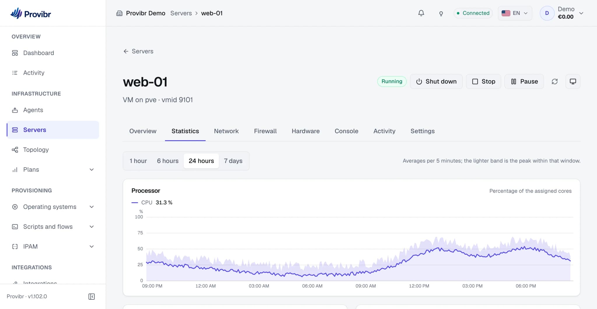 The statistics tab: processor usage over 24 hours, average as a line, peak as a band.