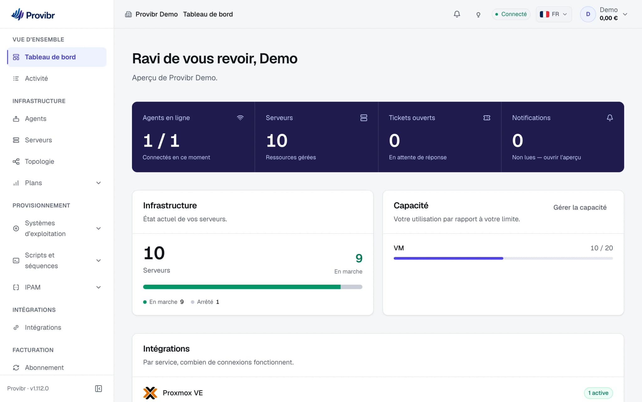 Le tableau de bord Provibr : agents en ligne, serveurs gérés, machines en marche et journal d’activité.